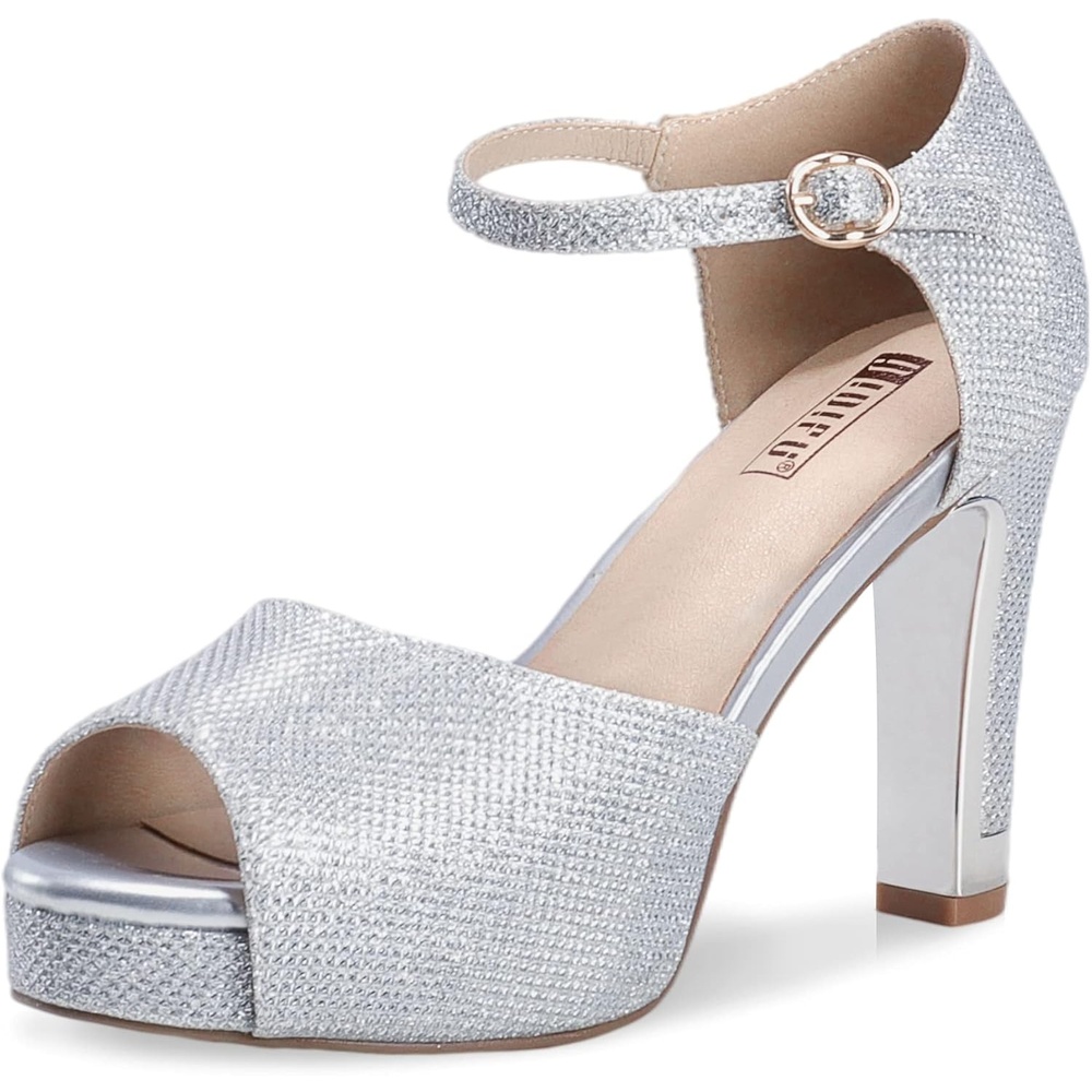 image:imageIDIFU Womens IN4 Mary Platform Chunky High Heels Sandals Peep Toe Dress Wedding Bridal Shoes for Women Bride BridesmaidSilver Glitter Classic