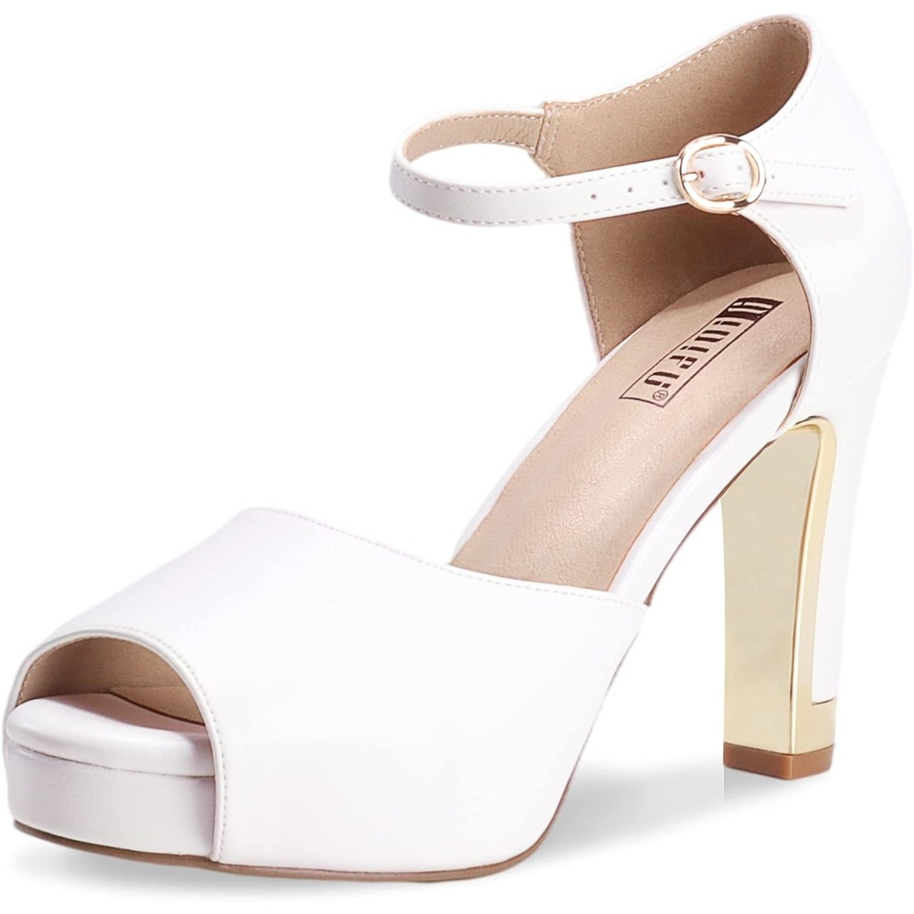 image:imageIDIFU Womens IN4 Mary Platform Chunky High Heels Sandals Peep Toe Dress Wedding Bridal Shoes for Women Bride BridesmaidWhite Pu Classic