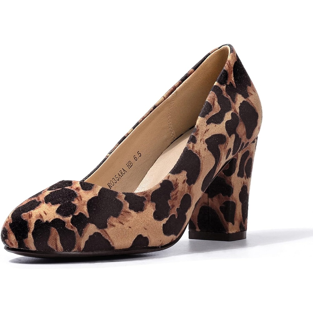 image:imageIDIFU Womens Sherry Dress Low Block Chunky Heels Pumps Closed Round Toe Shoes for Wedding Office EveningLeopard Suede