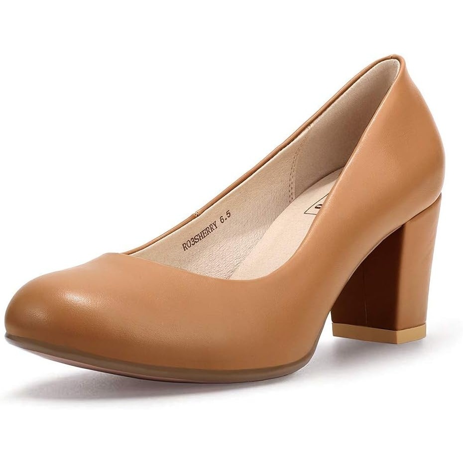 image:imageIDIFU Womens Sherry Dress Low Block Chunky Heels Pumps Closed Round Toe Shoes for Wedding Office EveningNude Pu