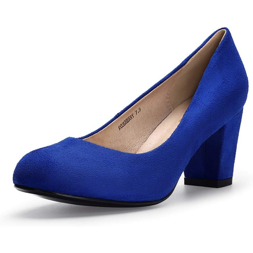 image:imageIDIFU Womens Sherry Dress Low Block Chunky Heels Pumps Closed Round Toe Shoes for Wedding Office EveningRoyal Blue Suede