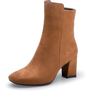 image:imageIDIFU Womens Ada Fashion Square Toe Ankle Boots Low Block Heel Short Boots Side Zipper Booties Shoes Half Size LargerBrown Suede