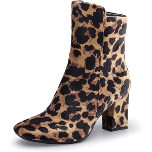 image:imageIDIFU Womens Ada Fashion Square Toe Ankle Boots Low Block Heel Short Boots Side Zipper Booties Shoes Half Size LargerLeopard Suede