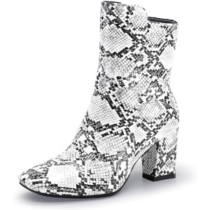 image:imageIDIFU Womens Ada Fashion Square Toe Ankle Boots Low Block Heel Short Boots Side Zipper Booties Shoes Half Size LargerSnake White