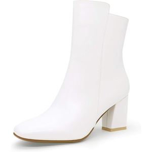 image:imageIDIFU Womens Ada Fashion Square Toe Ankle Boots Low Block Heel Short Boots Side Zipper Booties Shoes Half Size LargerWhite Pu