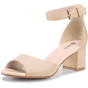 image:imageIDIFU Womens Candie Low Block Heels Sandals Peep Toe Chunky Ankle Strap Wedding Dress ShoesNude Suede