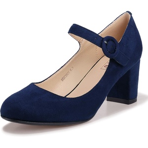 image:imageIDIFU Womens Candy Dress Mary Jane Shoes Low Block Heels Closed Round Toe Office Work Church Wedding PumpsBlue Suede