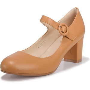image:imageIDIFU Womens Candy Dress Mary Jane Shoes Low Block Heels Closed Round Toe Office Work Church Wedding PumpsDark Nude Pu