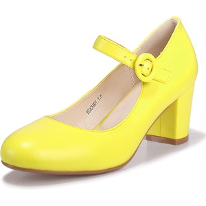image:imageIDIFU Womens Candy Dress Mary Jane Shoes Low Block Heels Closed Round Toe Office Work Church Wedding PumpsLemon Pu
