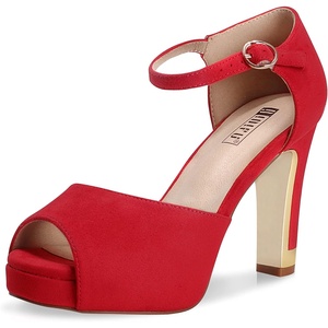 image:imageIDIFU Womens IN4 Mary Platform Chunky High Heels Sandals Peep Toe Dress Wedding Bridal Shoes for Women Bride BridesmaidRed Suede Classic