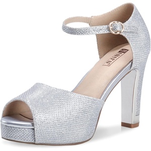image:imageIDIFU Womens IN4 Mary Platform Chunky High Heels Sandals Peep Toe Dress Wedding Bridal Shoes for Women Bride BridesmaidSilver Glitter Classic