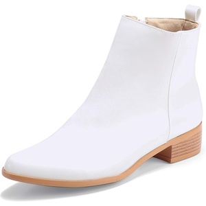 image:imageIDIFU Womens Romy Classic Pointed Toe Ankle Boots Side Zipper Low Block Heel Dress BootiesWhite Pu