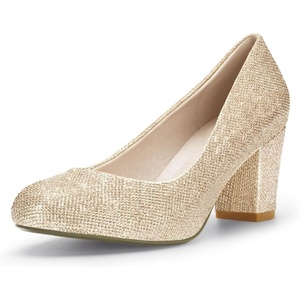 image:imageIDIFU Womens Sherry Dress Low Block Chunky Heels Pumps Closed Round Toe Shoes for Wedding Office EveningGold Glitter