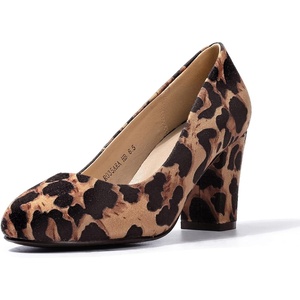 image:imageIDIFU Womens Sherry Dress Low Block Chunky Heels Pumps Closed Round Toe Shoes for Wedding Office EveningLeopard Suede