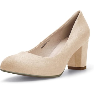 image:imageIDIFU Womens Sherry Dress Low Block Chunky Heels Pumps Closed Round Toe Shoes for Wedding Office EveningNude Suede