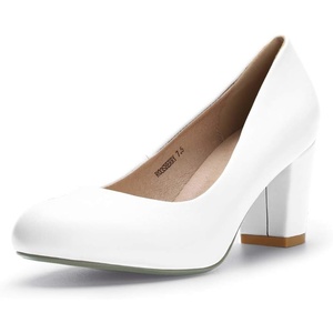 image:imageIDIFU Womens Sherry Dress Low Block Chunky Heels Pumps Closed Round Toe Shoes for Wedding Office EveningWhite Pu