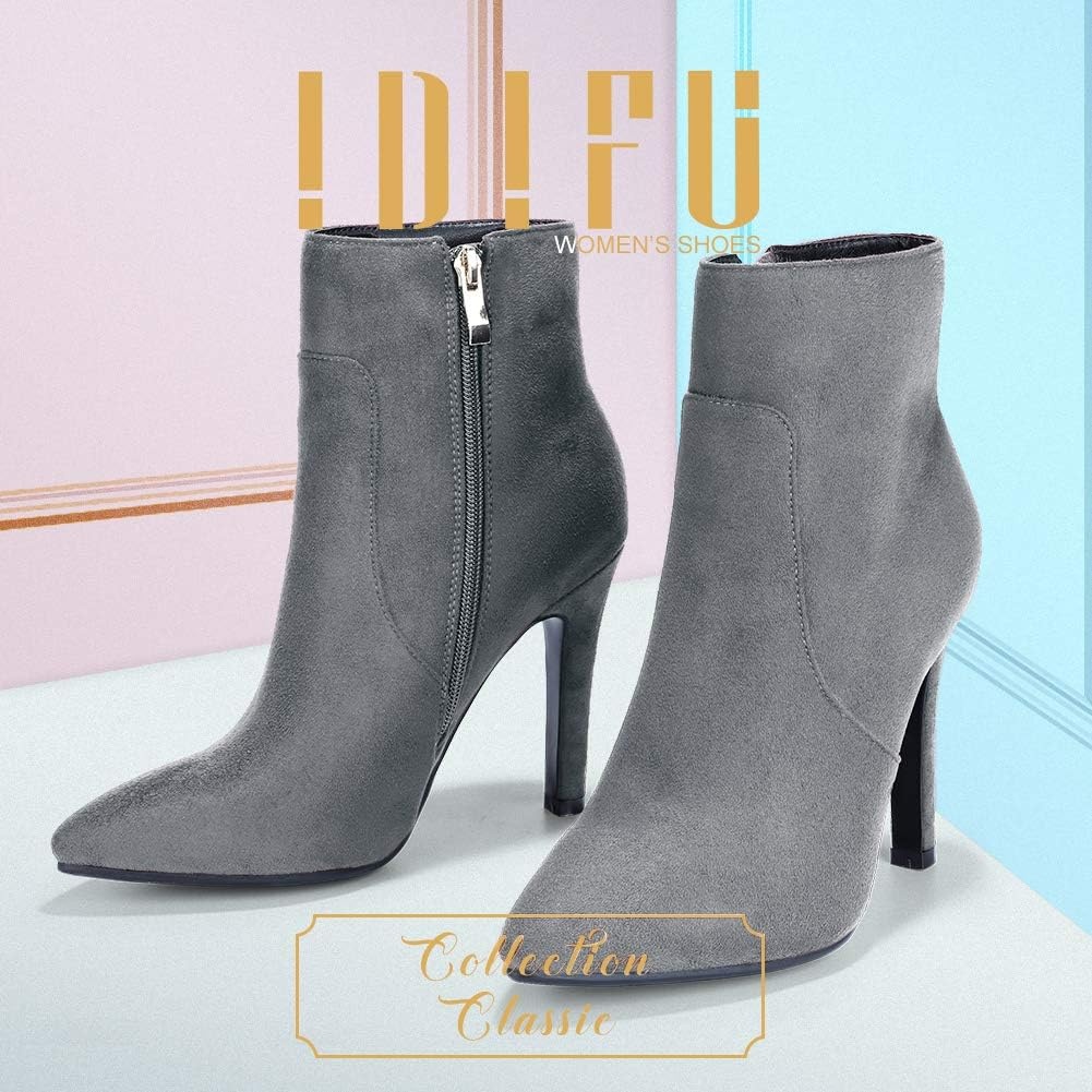 image:imageIDIFU Ankle Boots for Women High Heel Pointed Toe Boots Side Zipper Stiletto BootiesGray Suede