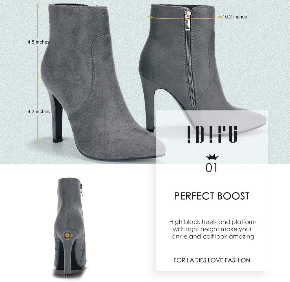 image:imageIDIFU Ankle Boots for Women High Heel Pointed Toe Boots Side Zipper Stiletto BootiesGray Suede