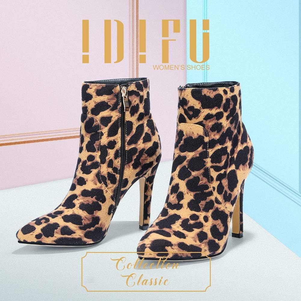 image:imageIDIFU Ankle Boots for Women High Heel Pointed Toe Boots Side Zipper Stiletto BootiesLeopard Suede