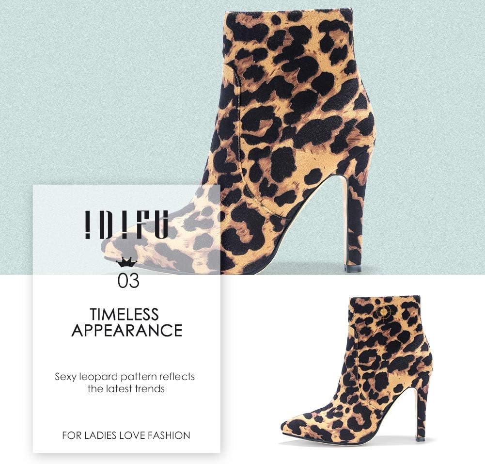 image:imageIDIFU Ankle Boots for Women High Heel Pointed Toe Boots Side Zipper Stiletto BootiesLeopard Suede