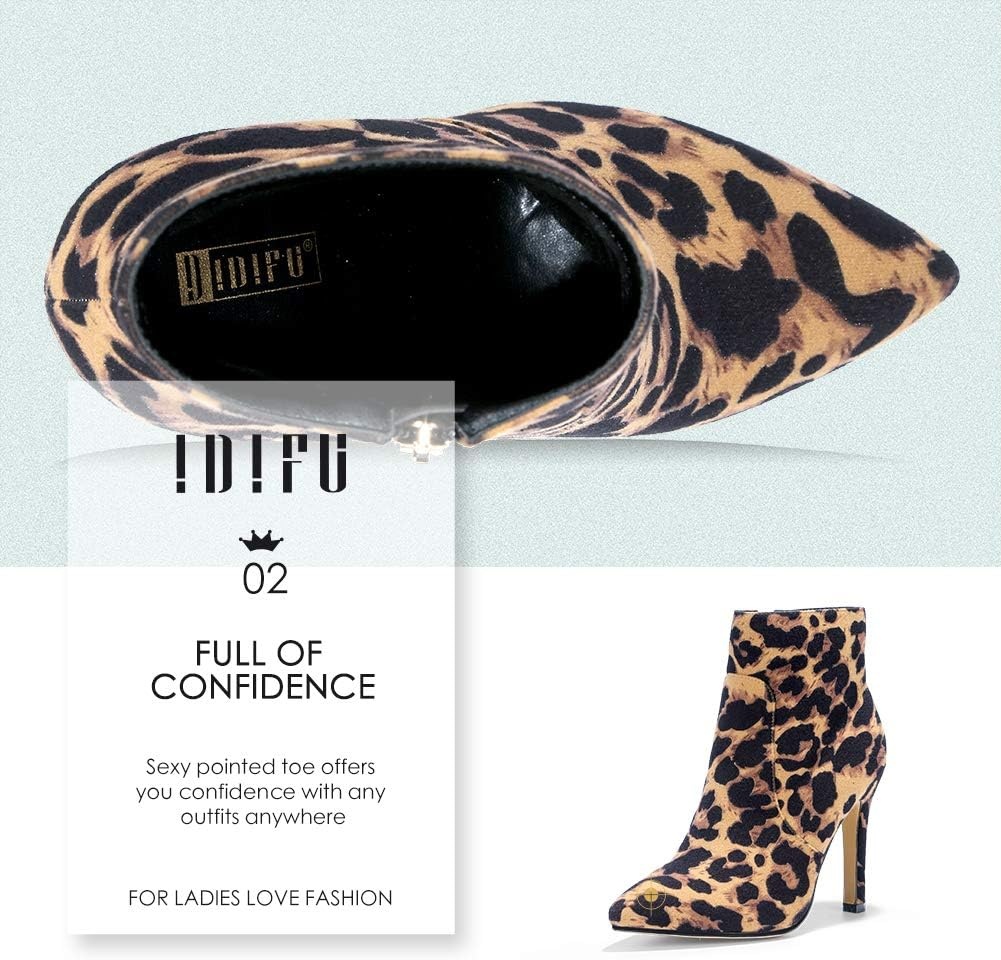 image:imageIDIFU Ankle Boots for Women High Heel Pointed Toe Boots Side Zipper Stiletto BootiesLeopard Suede