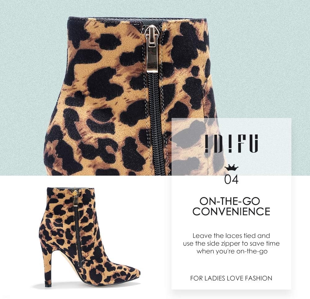 image:imageIDIFU Ankle Boots for Women High Heel Pointed Toe Boots Side Zipper Stiletto BootiesLeopard Suede