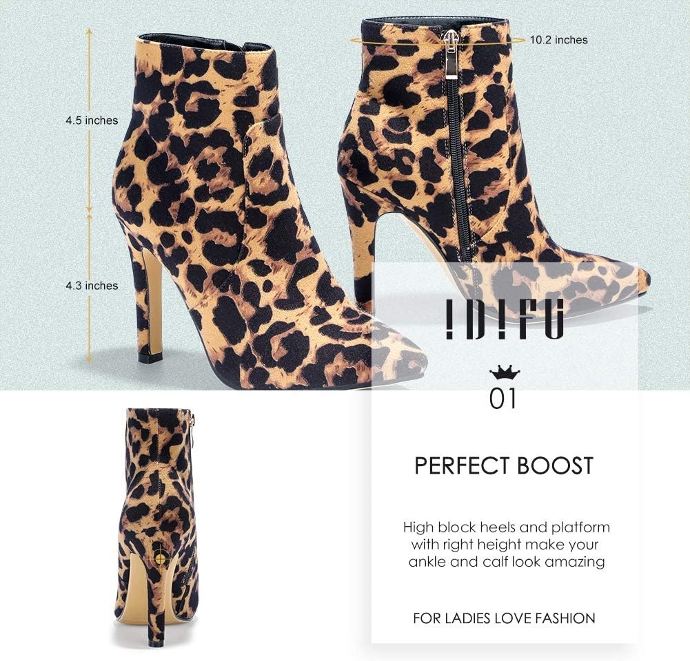 image:imageIDIFU Ankle Boots for Women High Heel Pointed Toe Boots Side Zipper Stiletto BootiesLeopard Suede