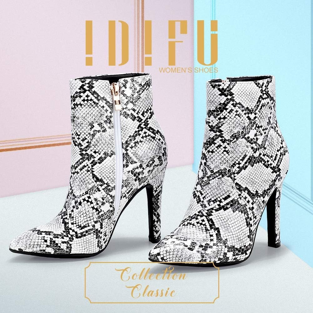 image:imageIDIFU Ankle Boots for Women High Heel Pointed Toe Boots Side Zipper Stiletto BootiesSnake White