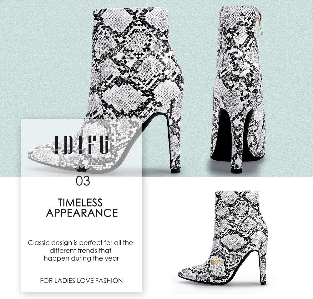 image:imageIDIFU Ankle Boots for Women High Heel Pointed Toe Boots Side Zipper Stiletto BootiesSnake White