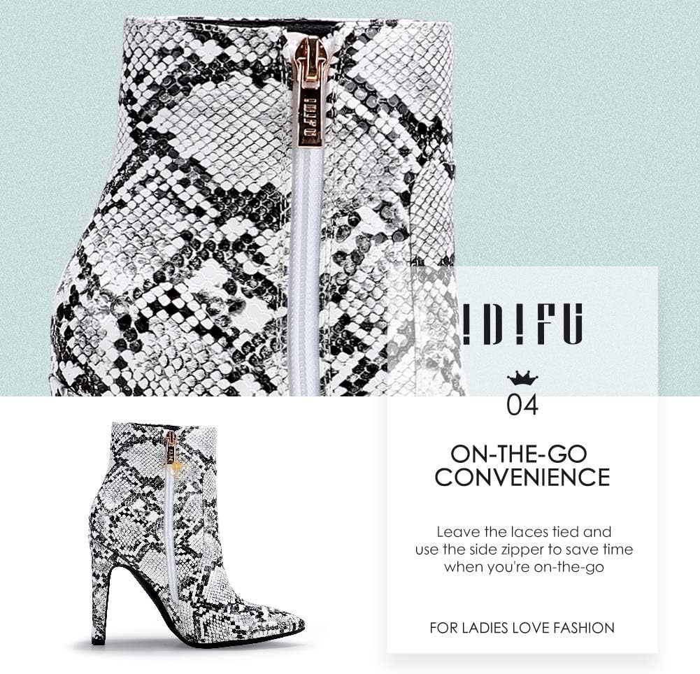 image:imageIDIFU Ankle Boots for Women High Heel Pointed Toe Boots Side Zipper Stiletto BootiesSnake White