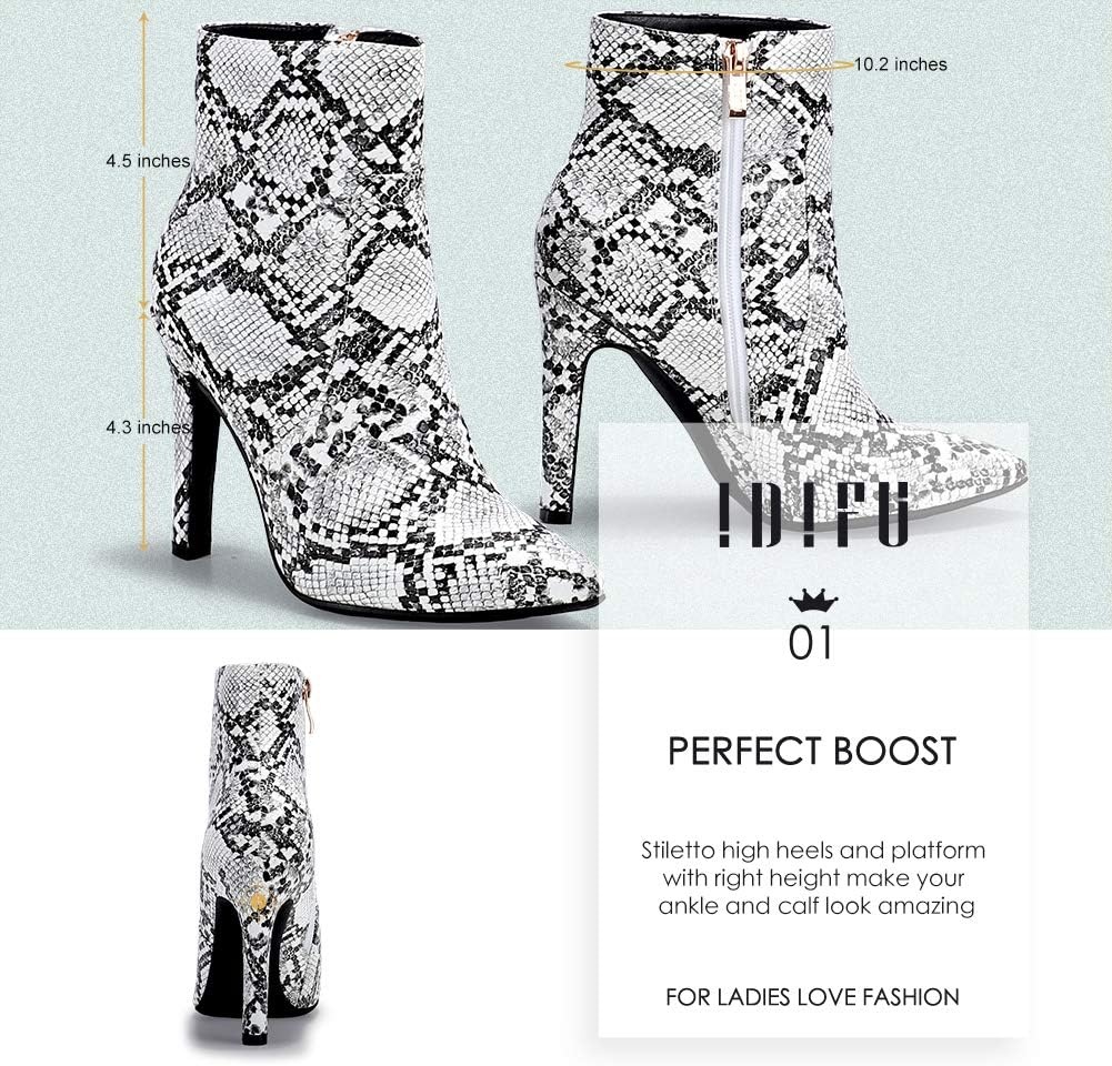 image:imageIDIFU Ankle Boots for Women High Heel Pointed Toe Boots Side Zipper Stiletto BootiesSnake White