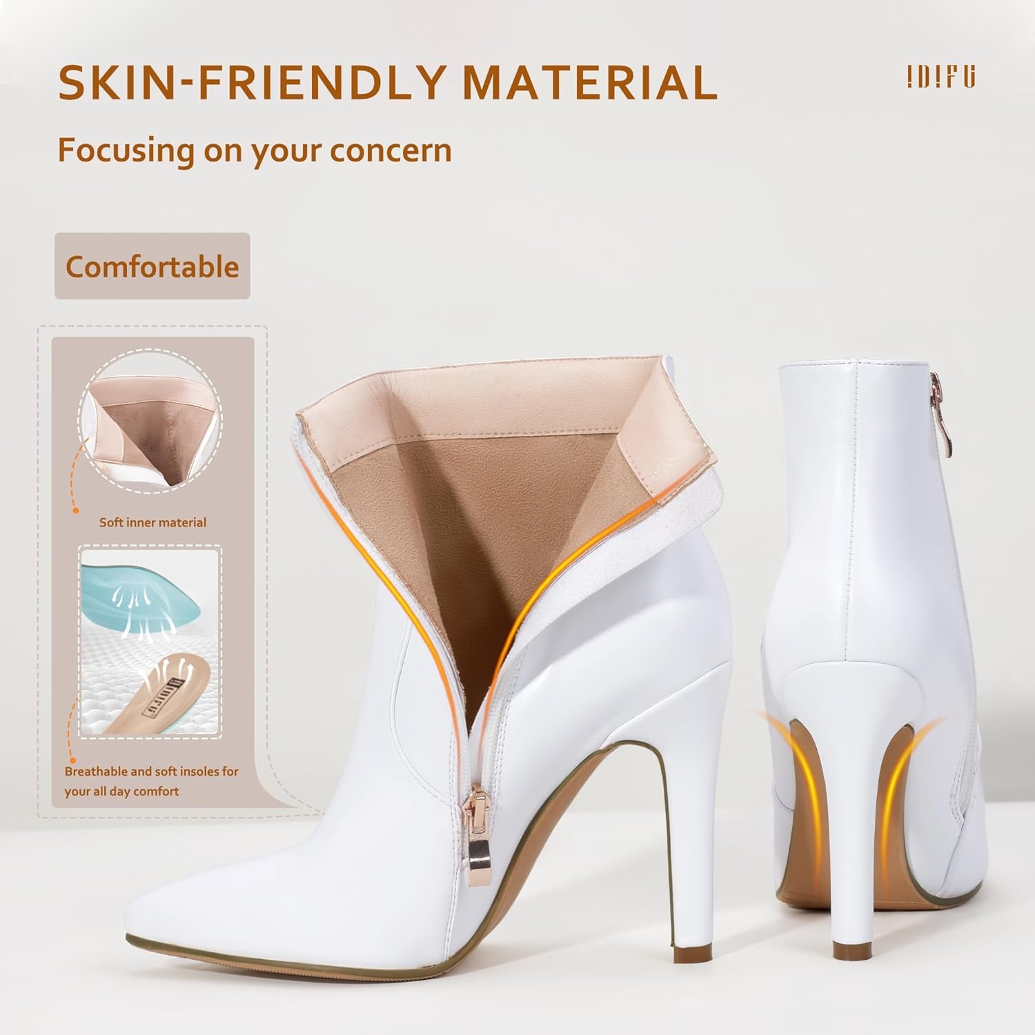 image:imageIDIFU Ankle Boots for Women High Heel Pointed Toe Boots Side Zipper Stiletto BootiesWhite Pu