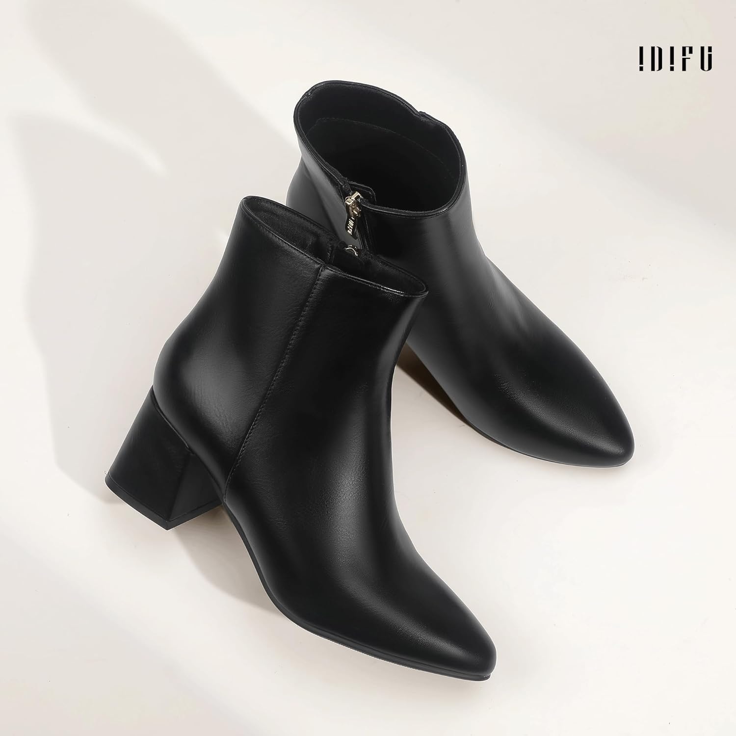 image:imageIDIFU IN2 Ankle Boots for Women Low Short Chunky Block Heel Boot Fall Pointed Toe Dress Booties Ladies Comfortable Cute Fashion BootsNew Black