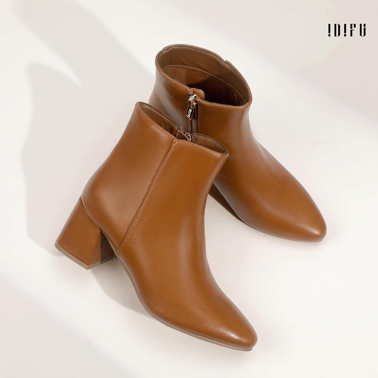 image:imageIDIFU IN2 Ankle Boots for Women Low Short Chunky Block Heel Boot Fall Pointed Toe Dress Booties Ladies Comfortable Cute Fashion BootsNew Brown