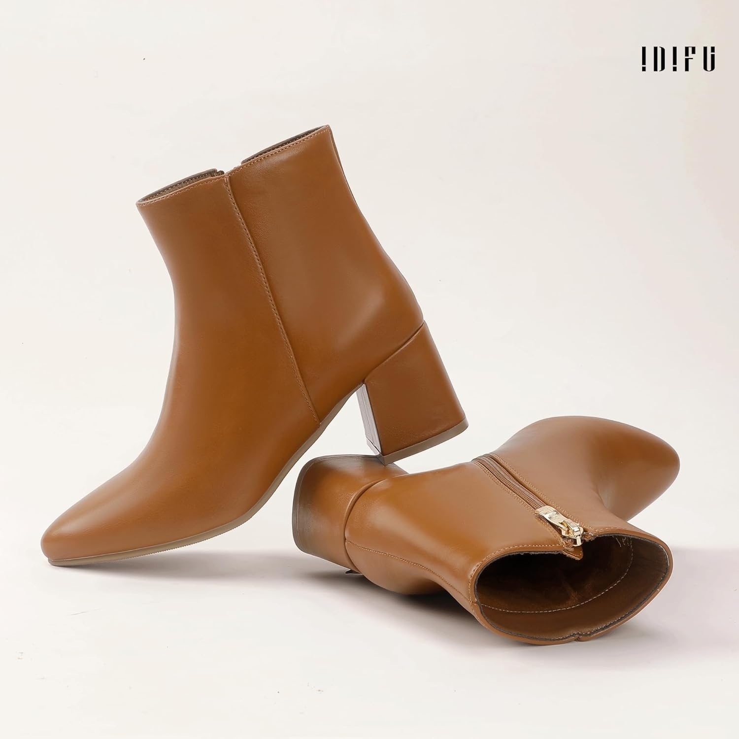 image:imageIDIFU IN2 Ankle Boots for Women Low Short Chunky Block Heel Boot Fall Pointed Toe Dress Booties Ladies Comfortable Cute Fashion BootsNew Brown