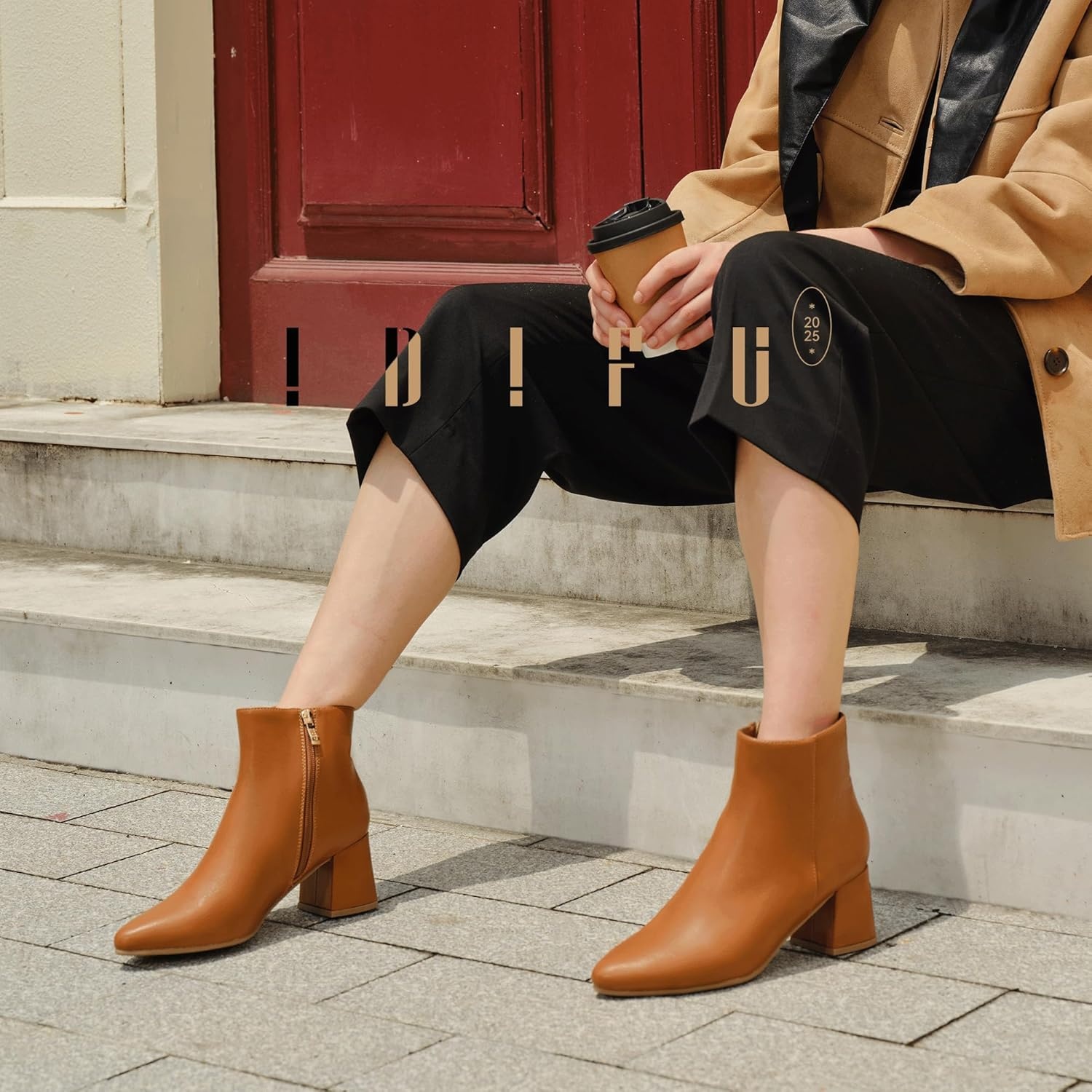 image:imageIDIFU IN2 Ankle Boots for Women Low Short Chunky Block Heel Boot Fall Pointed Toe Dress Booties Ladies Comfortable Cute Fashion BootsNew Brown