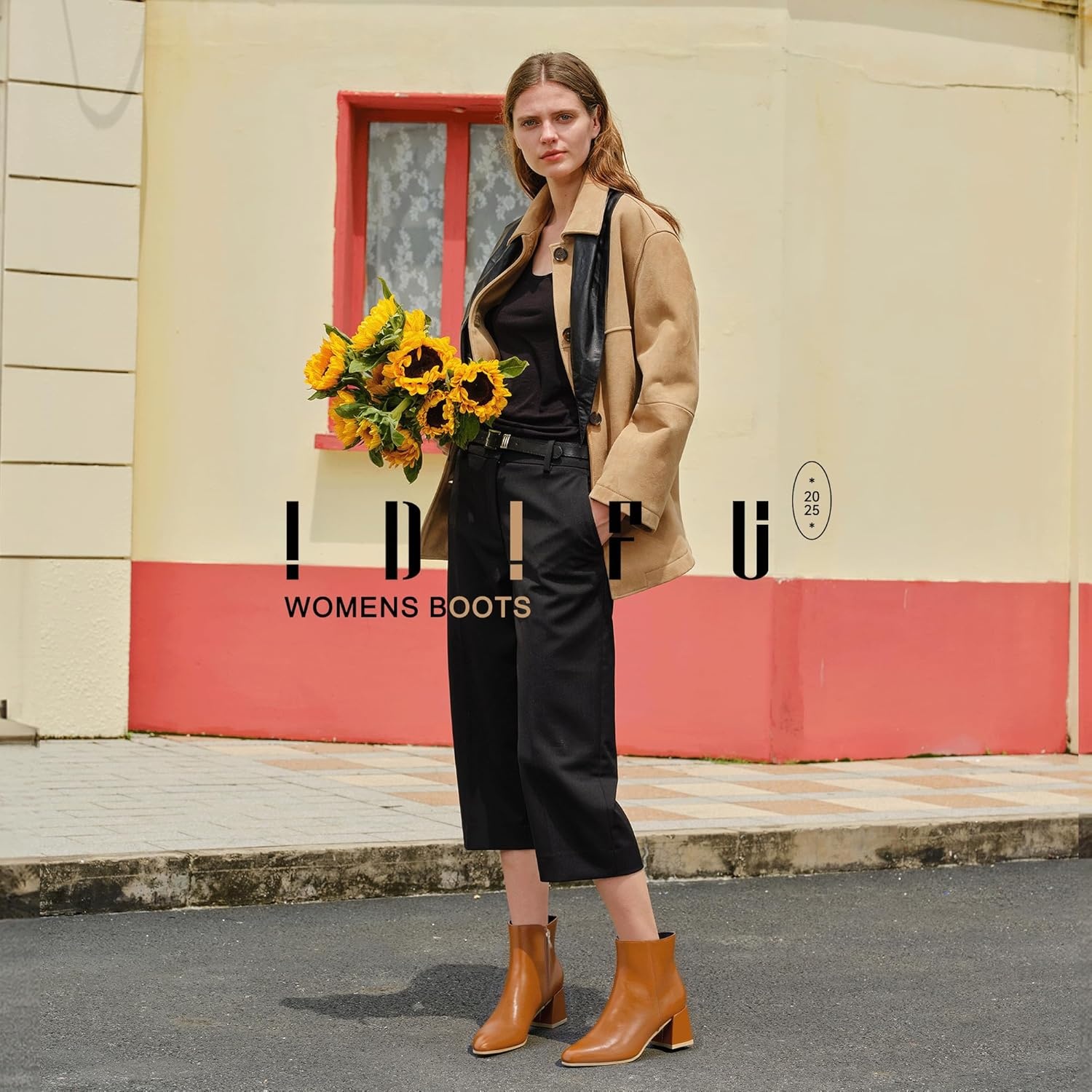 image:imageIDIFU IN2 Ankle Boots for Women Low Short Chunky Block Heel Boot Fall Pointed Toe Dress Booties Ladies Comfortable Cute Fashion BootsNew Brown