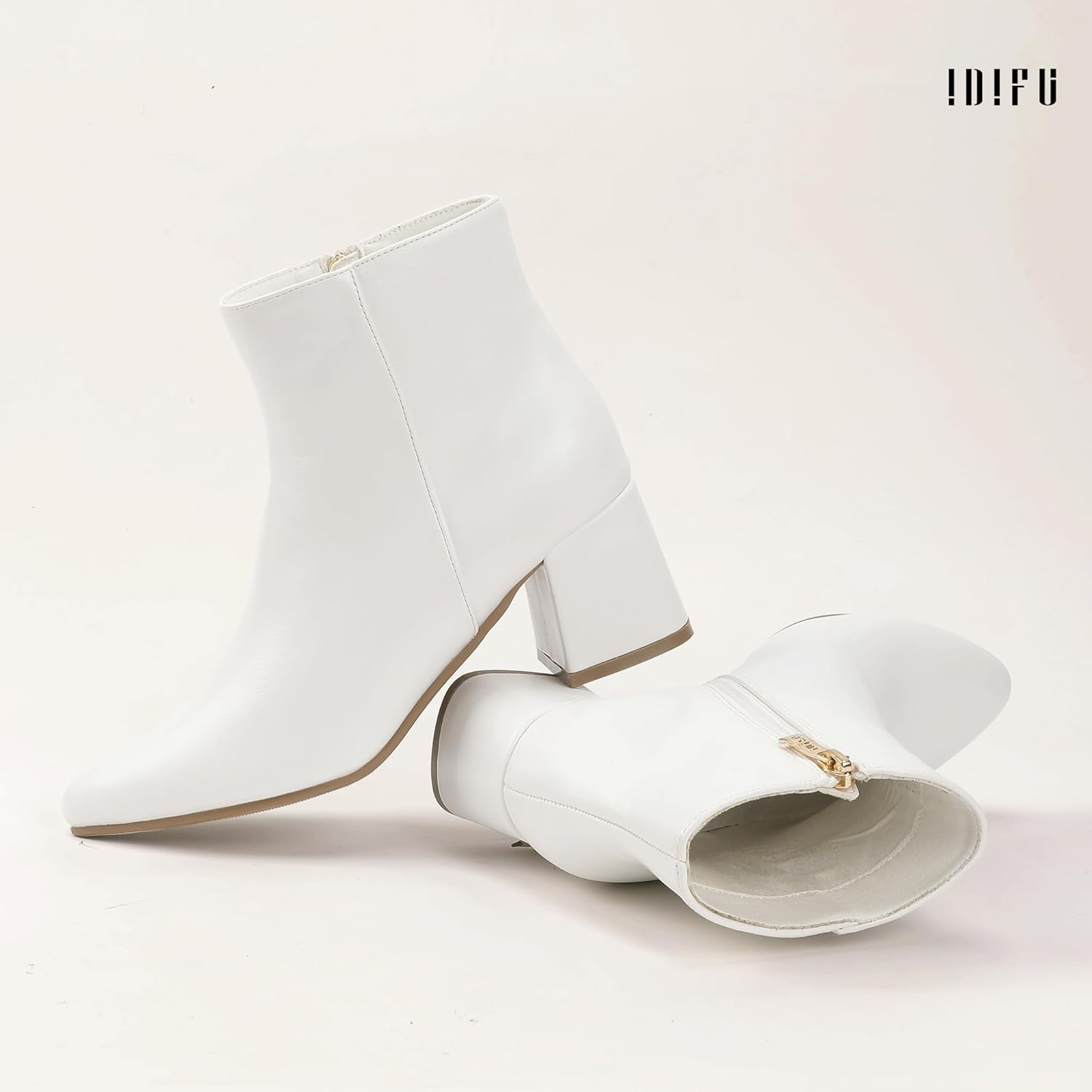 image:imageIDIFU IN2 Ankle Boots for Women Low Short Chunky Block Heel Boot Fall Pointed Toe Dress Booties Ladies Comfortable Cute Fashion BootsNew White