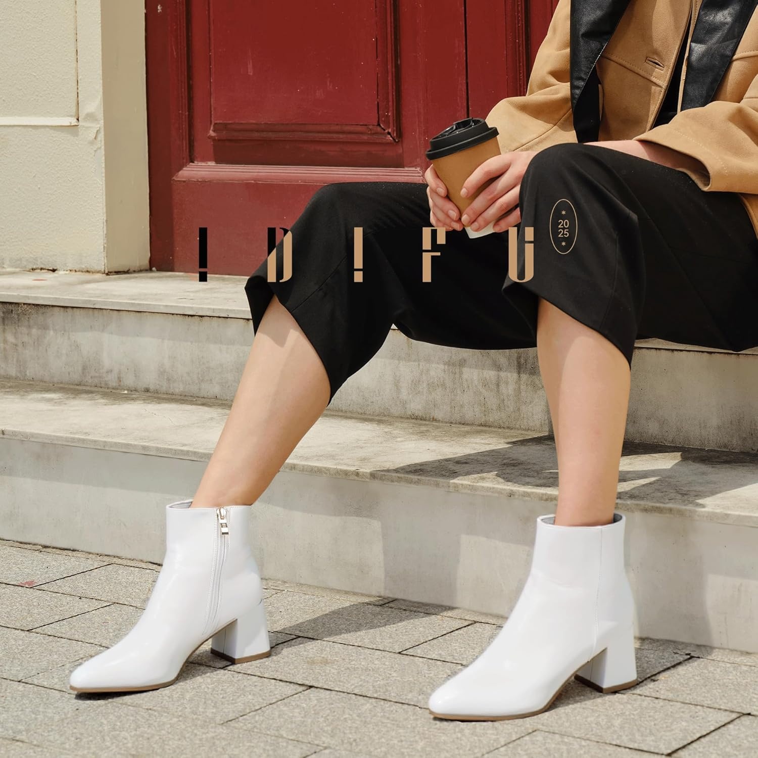 image:imageIDIFU IN2 Ankle Boots for Women Low Short Chunky Block Heel Boot Fall Pointed Toe Dress Booties Ladies Comfortable Cute Fashion BootsNew White