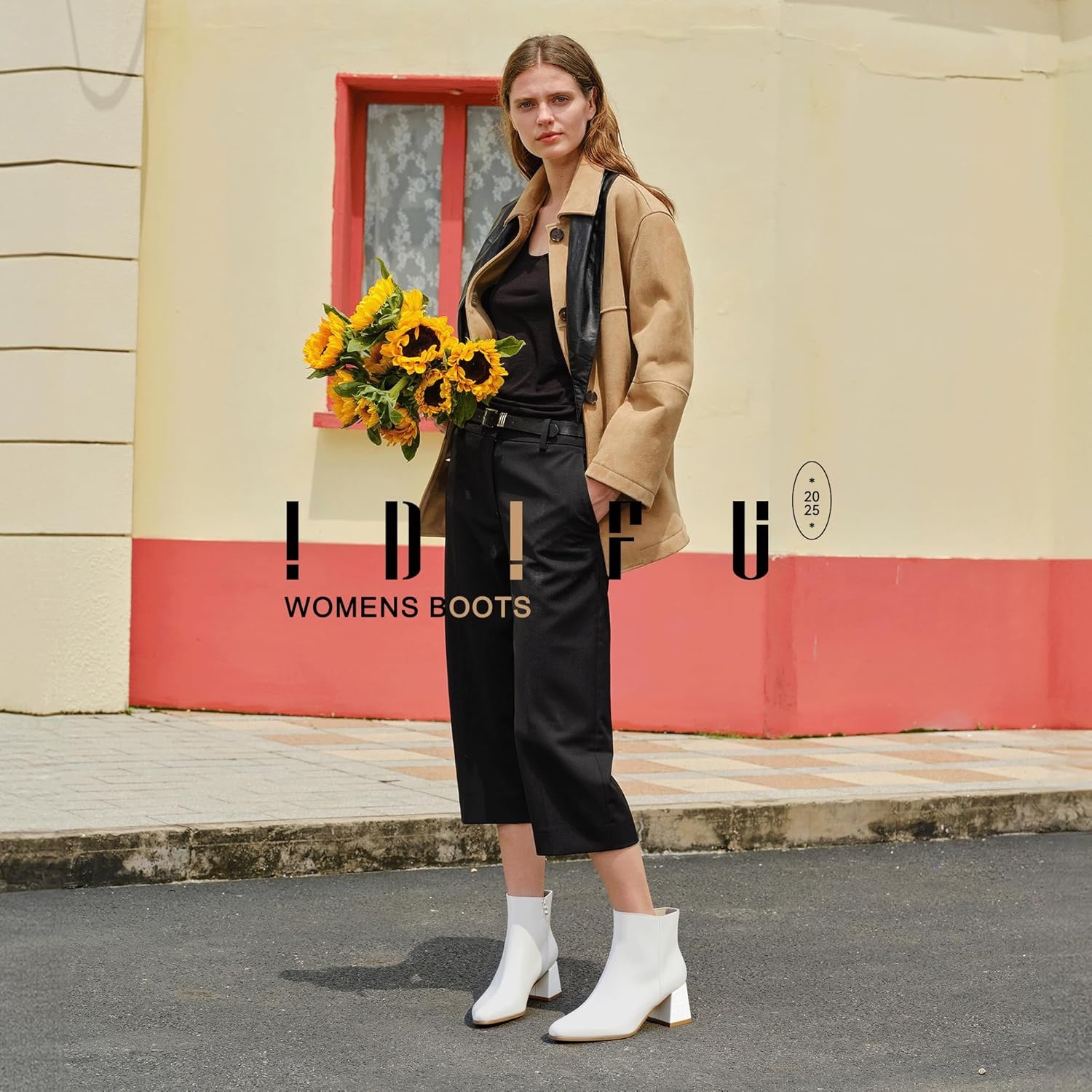image:imageIDIFU IN2 Ankle Boots for Women Low Short Chunky Block Heel Boot Fall Pointed Toe Dress Booties Ladies Comfortable Cute Fashion BootsNew White