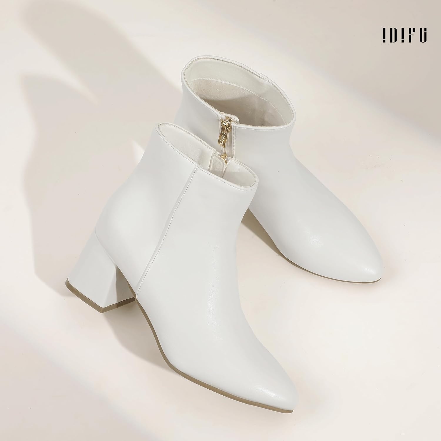 image:imageIDIFU IN2 Ankle Boots for Women Low Short Chunky Block Heel Boot Fall Pointed Toe Dress Booties Ladies Comfortable Cute Fashion BootsNew White