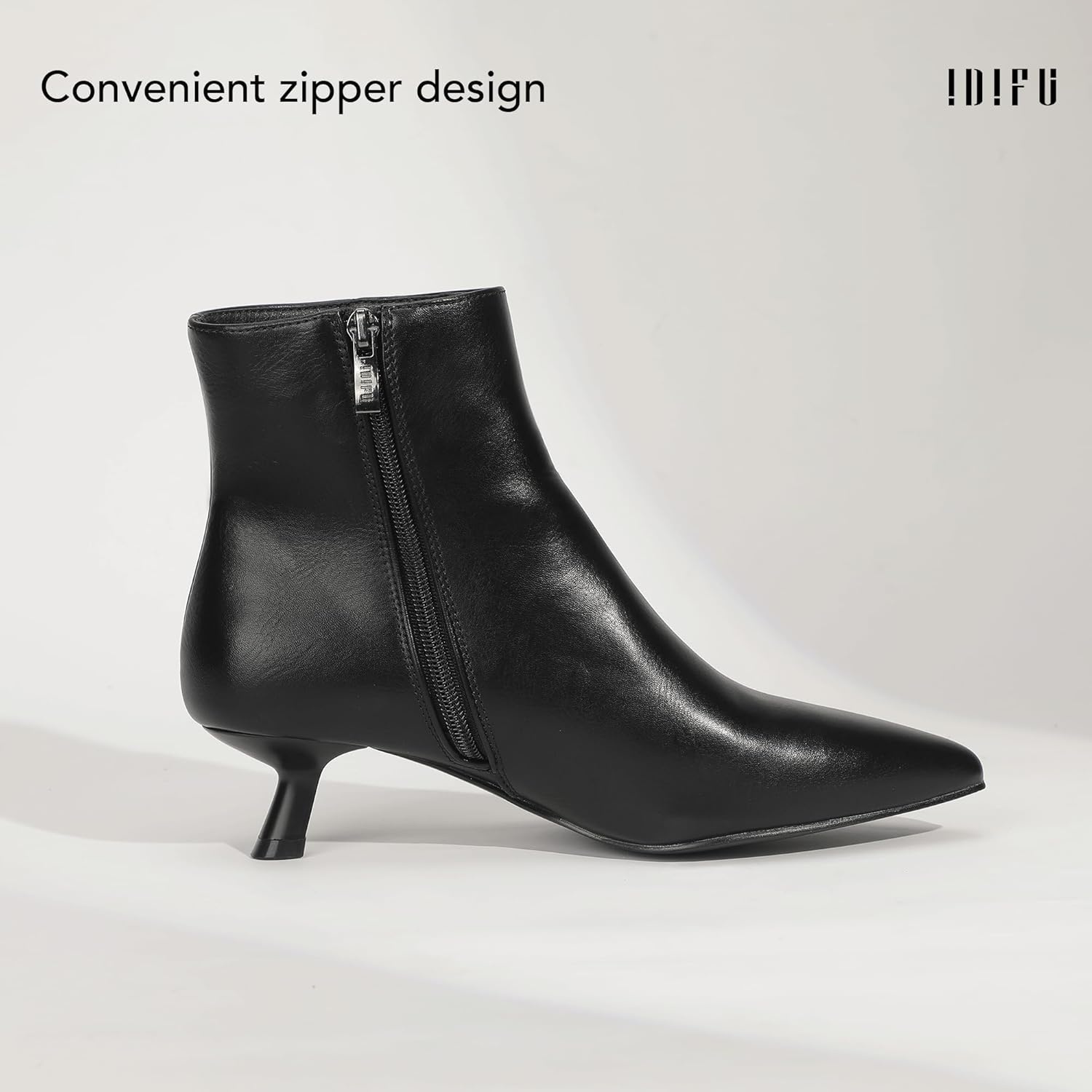 image:imageIDIFU IN2 Ankle Boots for Women Low Short Kitten Heel Booties Detachable Metal Strap Zipper Closed Pointed Toe Fall Ladies Bride Wedding Booties Comfortable Cute Trendy Stylish Fashion Dressy BootsBlack Pu