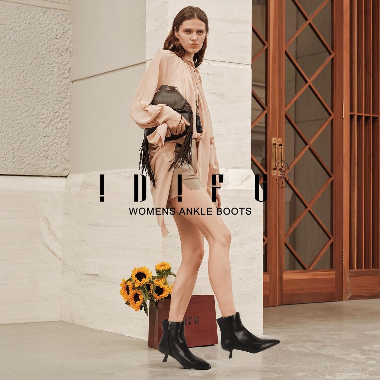 image:imageIDIFU IN2 Ankle Boots for Women Low Short Kitten Heel Booties Detachable Metal Strap Zipper Closed Pointed Toe Fall Ladies Bride Wedding Booties Comfortable Cute Trendy Stylish Fashion Dressy BootsBlack Pu
