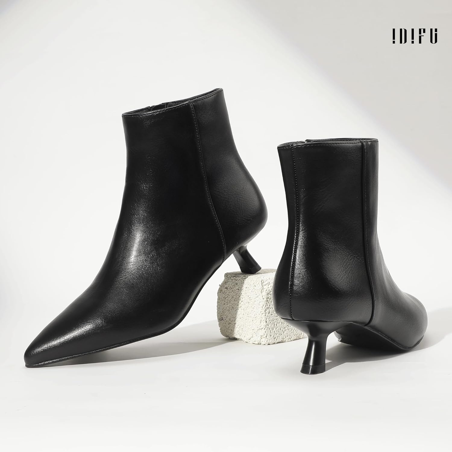 image:imageIDIFU IN2 Ankle Boots for Women Low Short Kitten Heel Booties Detachable Metal Strap Zipper Closed Pointed Toe Fall Ladies Bride Wedding Booties Comfortable Cute Trendy Stylish Fashion Dressy BootsBlack Pu