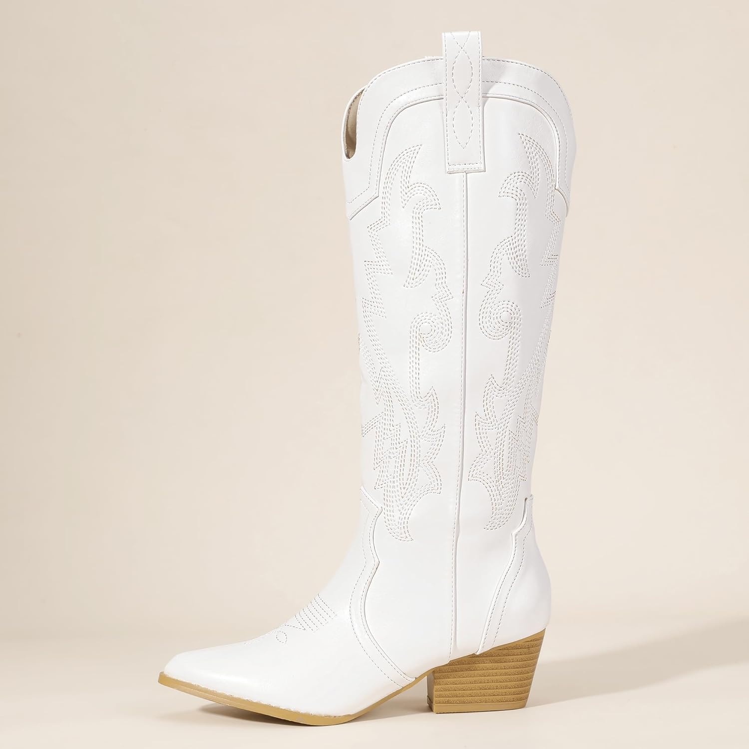 image:imageIDIFU IN2 Cowboy Boots For Women Cowgirl Knee High Western Tall Boots Chunky Low Pointed Toe Heel Boots Fashion Booties for Women Embroidered Wedding Country Concert BootsWhite