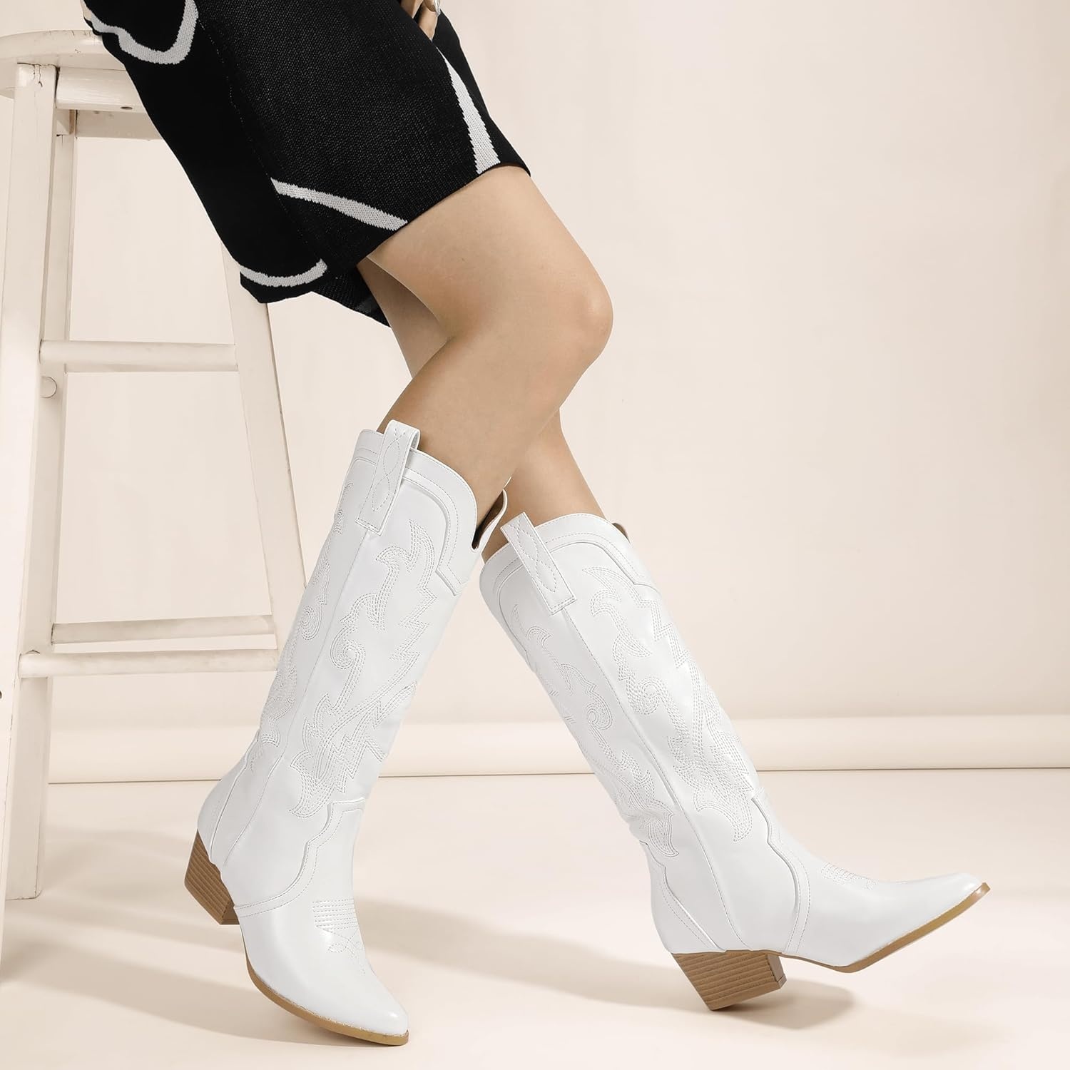 image:imageIDIFU IN2 Cowboy Boots For Women Cowgirl Knee High Western Tall Boots Chunky Low Pointed Toe Heel Boots Fashion Booties for Women Embroidered Wedding Country Concert BootsWhite
