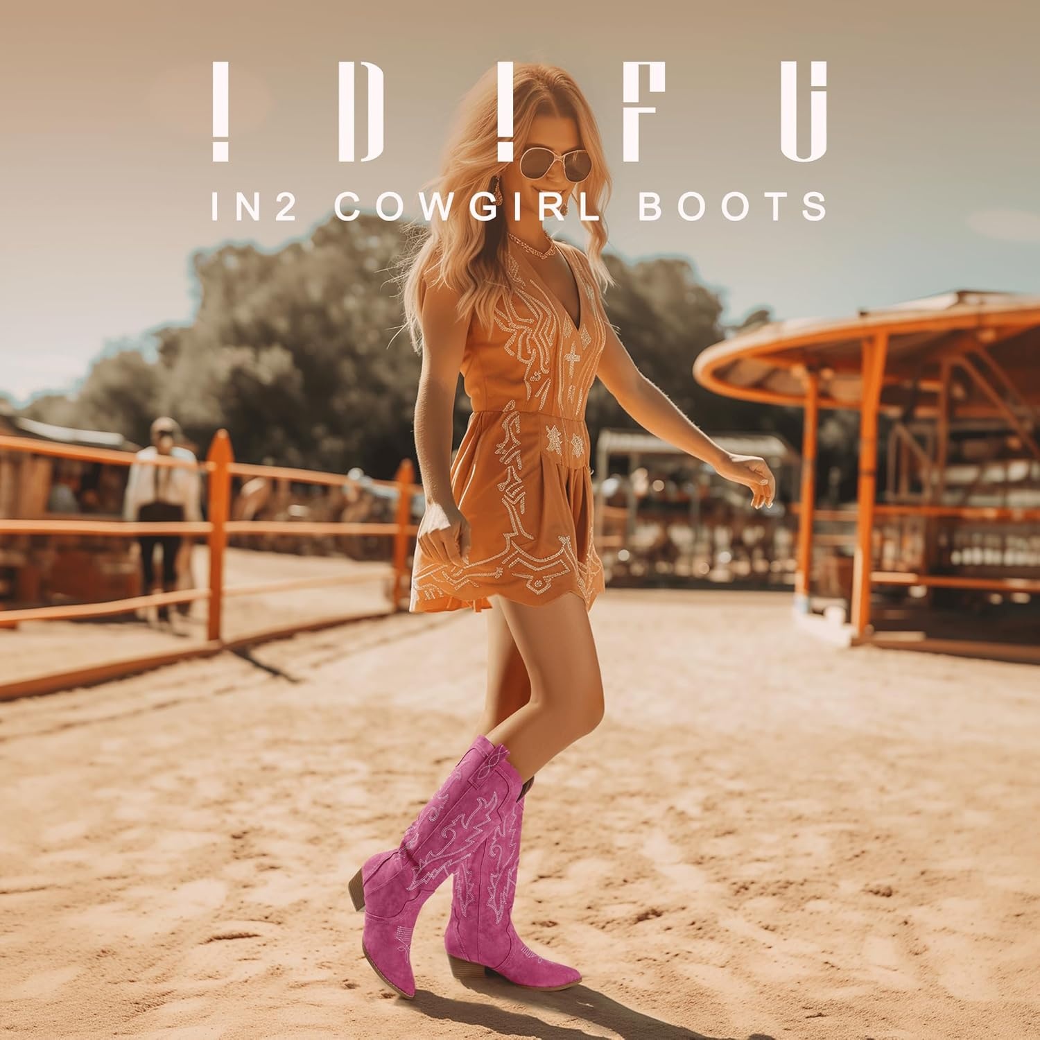 image:imageIDIFU IN2 Cowboy Boots For Women Cowgirl Knee High Western Tall Boots Chunky Low Pointed Toe Heel Boots Fashion Booties for Women Embroidered Wedding Country Concert BootsPink