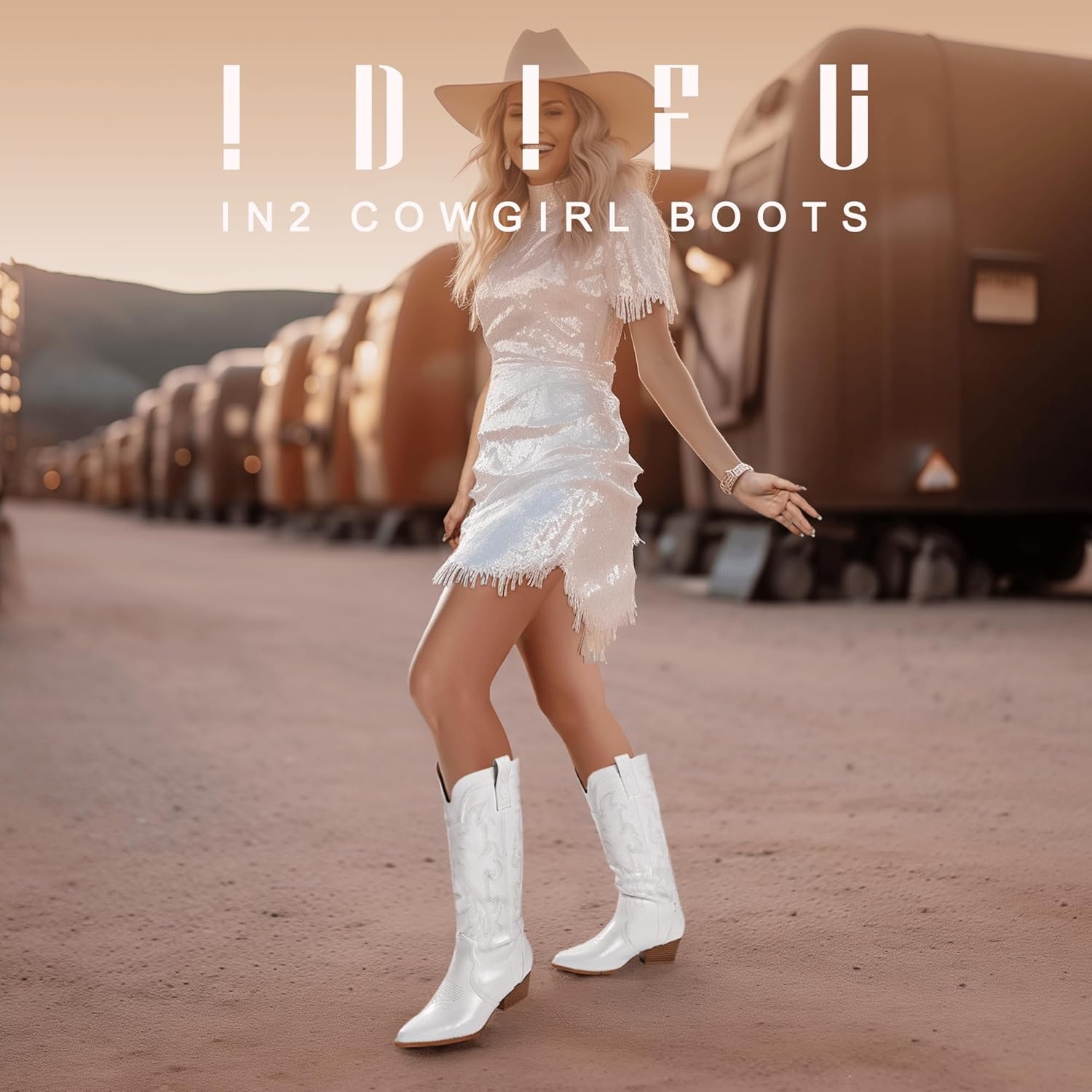image:imageIDIFU IN2 Cowboy Boots For Women Cowgirl Knee High Western Tall Boots Chunky Low Pointed Toe Heel Boots Fashion Booties for Women Embroidered Wedding Country Concert BootsWhite