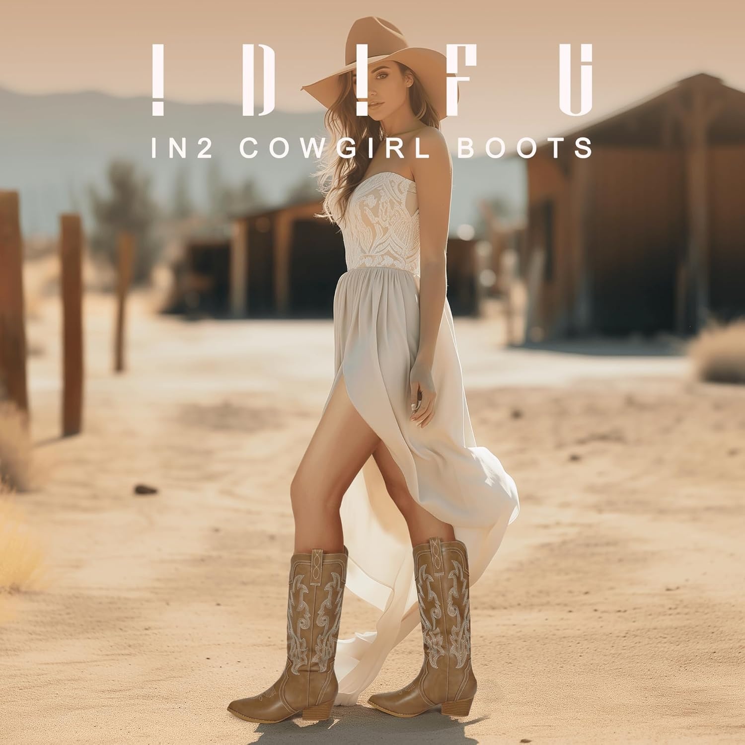 image:imageIDIFU IN2 Cowboy Boots For Women Cowgirl Knee High Western Tall Boots Chunky Low Pointed Toe Heel Boots Fashion Booties for Women Embroidered Wedding Country Concert BootsTan