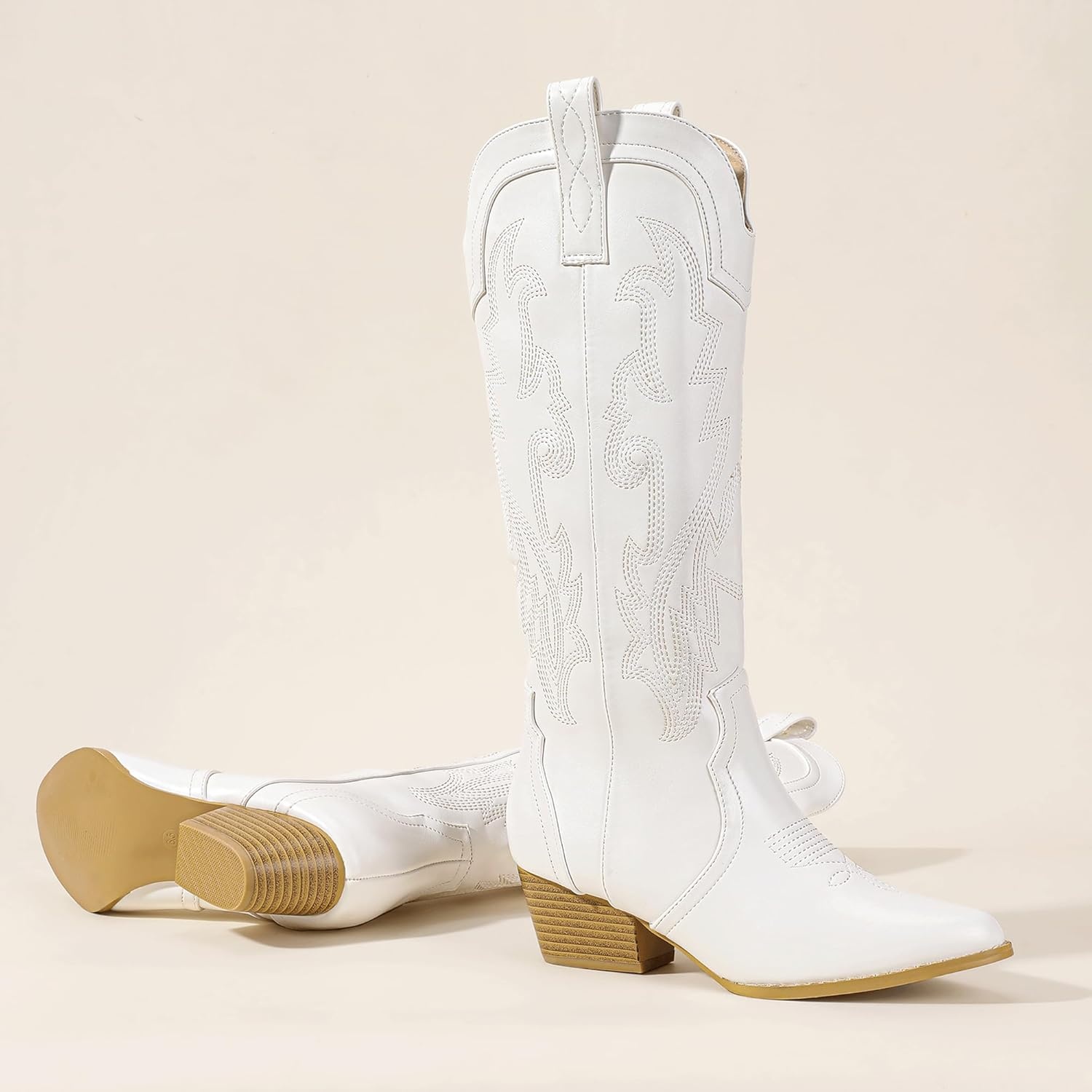 image:imageIDIFU IN2 Cowboy Boots For Women Cowgirl Knee High Western Tall Boots Chunky Low Pointed Toe Heel Boots Fashion Booties for Women Embroidered Wedding Country Concert BootsWhite
